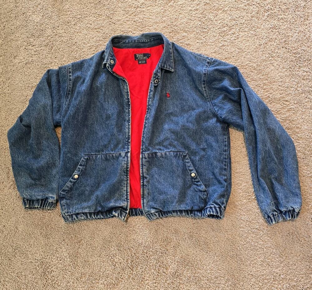 Vintage Polo Ralph Lauren Denim Bomber Harrington Jacket L Fleece Lined 90s